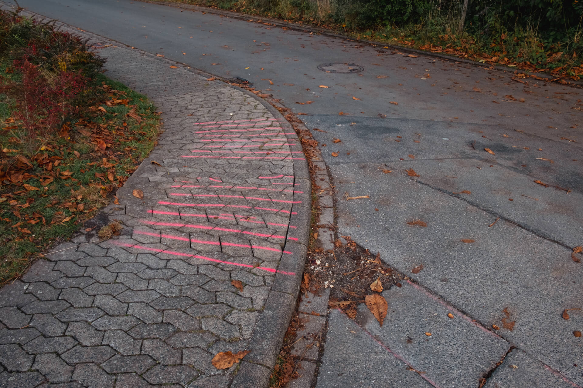 Pinke Sprüh-Markierungen, um den Gepflasterten Gehweg später besser wieder zusammensetzen zu können.